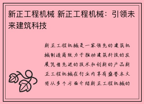 新正工程机械 新正工程机械：引领未来建筑科技